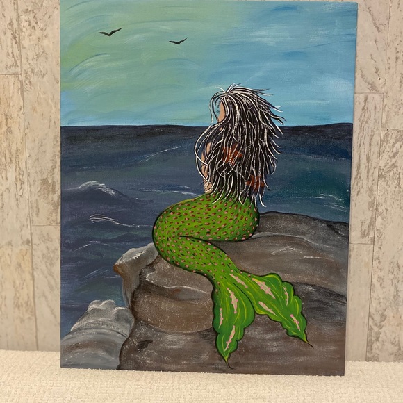 Hand crafted painted Mermaid Ocean Rock canvas wall Art 11X14” free handed - Picture 5 of 11